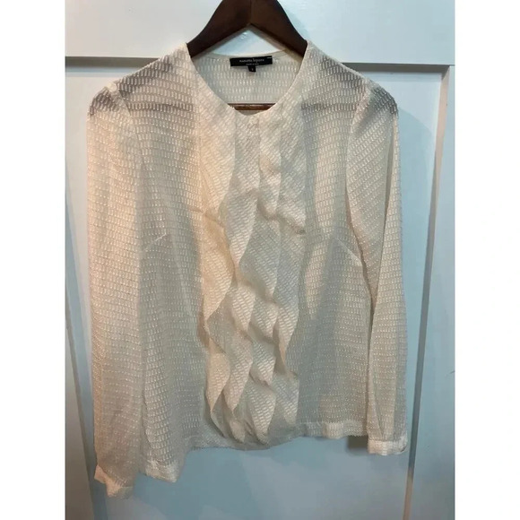 Nanette Lepore Semi-Sheer Textured Silk Blend Ruffled Front Blouse, sz 2 - Picture 1 of 8